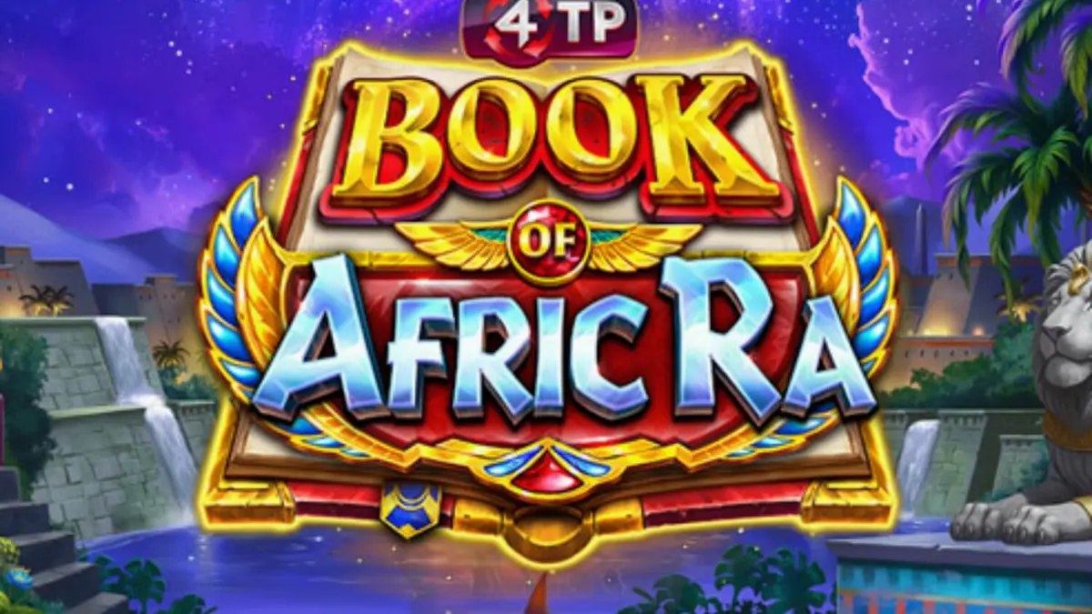 Tampilan visual slot 4TP Book of AfricRa dengan simbol hewan bangsawan dan latar belakang Mesir Kuno.