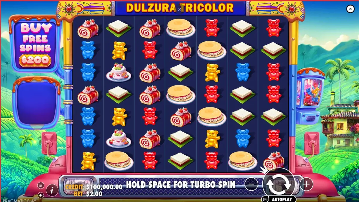 Tampilan visual slot Dulzura Tricolor dengan tema tropis dan simbol permen